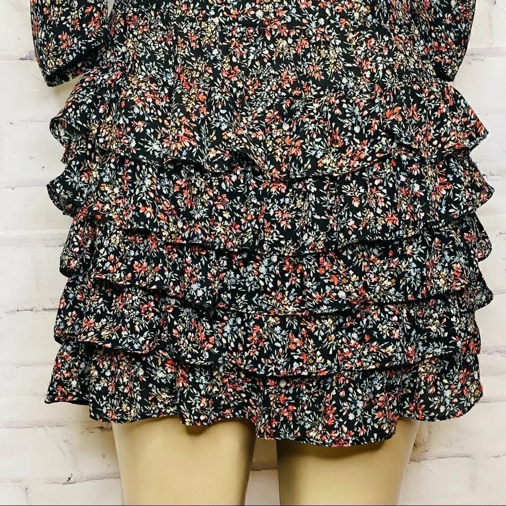 Sandro long sleeve Floral Mini Dress with tiered bottom ruffle